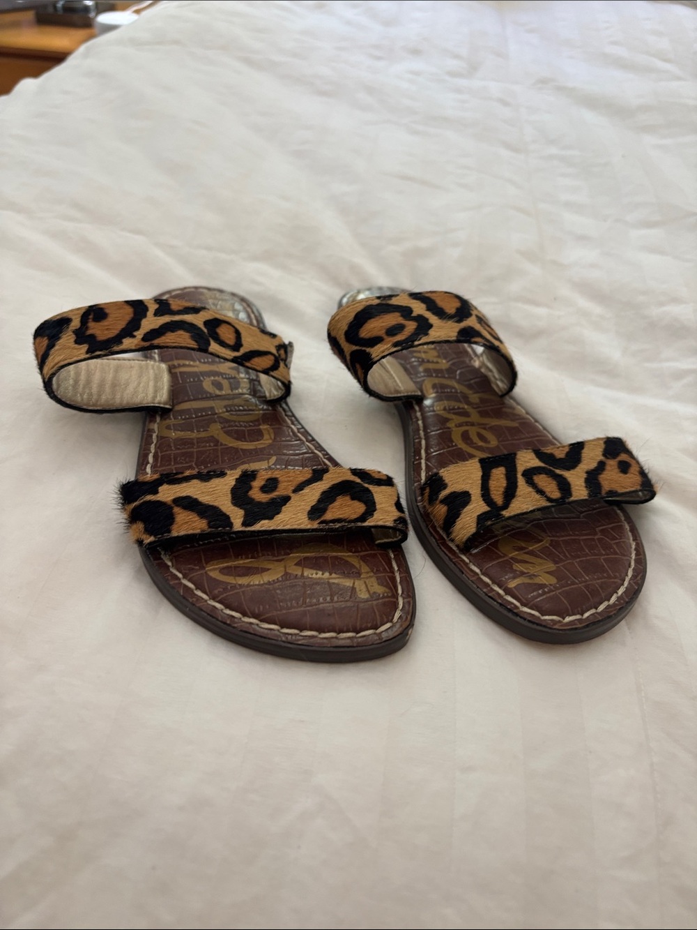 Sam Edelman Leopard Print Haircalf Slide Sandals in Tan and Black